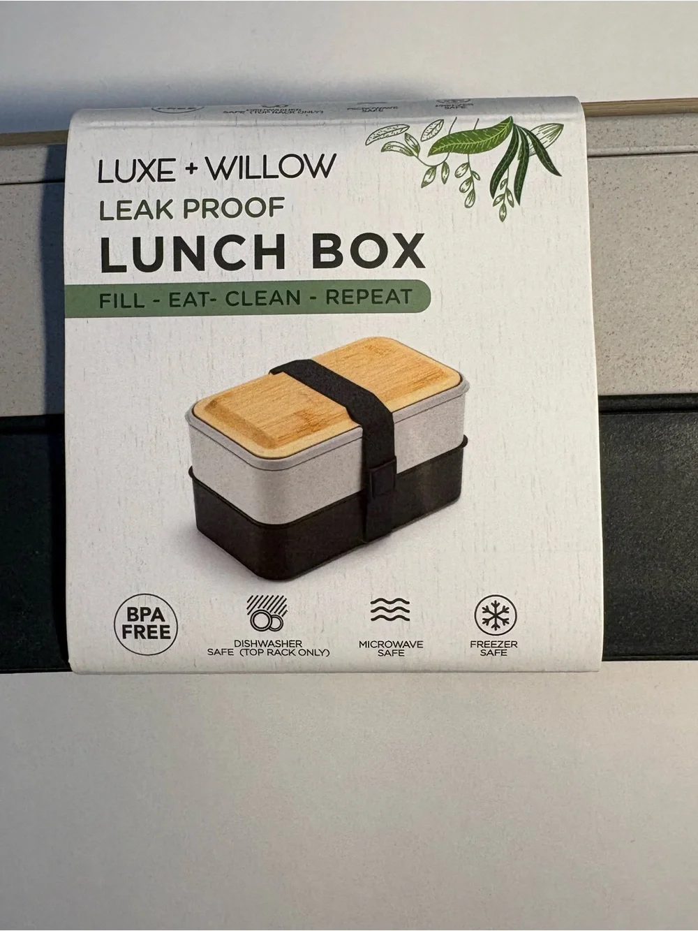 NWT Bento Lunch Box 2 Tier Leak Proof Cutlery Black Gray Nesting Bamboo Lid